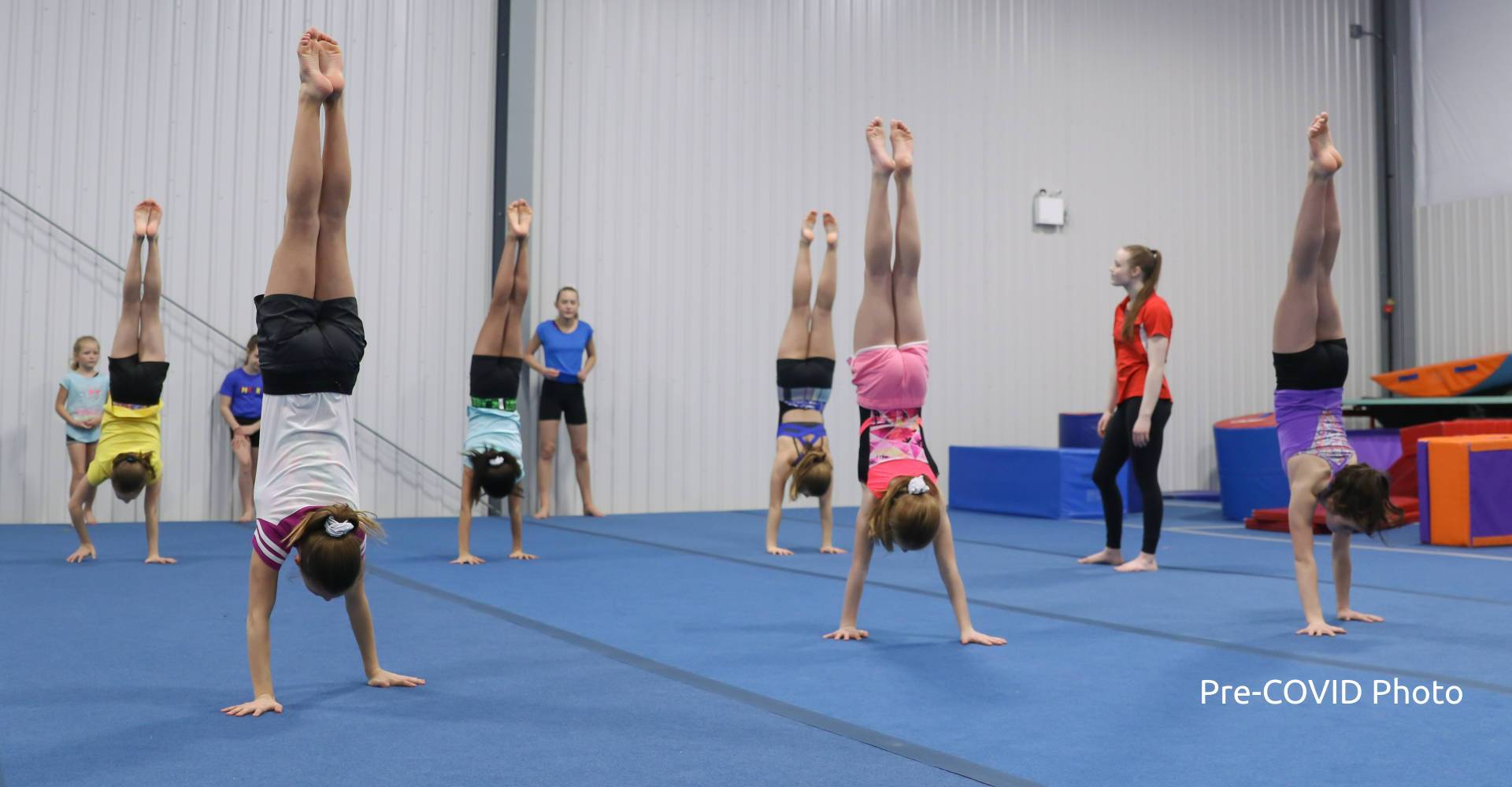 Gymnasts practicing handstands on the spring floor at the Gymworld gymnastics facility in North London