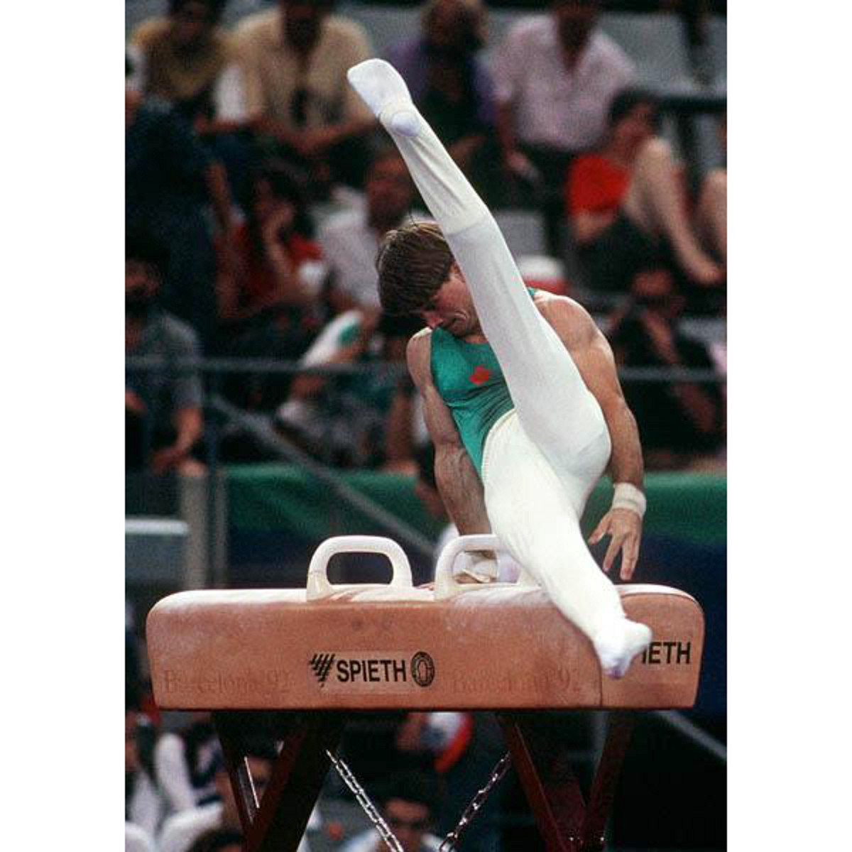 Mike Inglis, Gymworld Owner, performing his routine on the pommel horse at Barcelona Olympics in 1992
